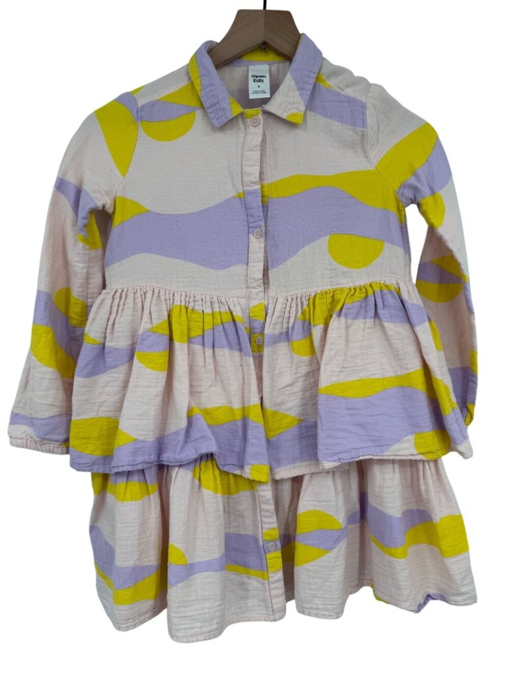 Open Edit Tiered Shirt Dress Pastel Pink Lavender Yellow Abstract Wavy Print 8